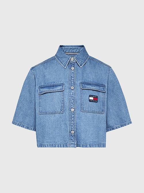 Tommy Hilfiger Badge Cropped Short Sleeve Denim Ženske Srajce Denim | TH045AHS