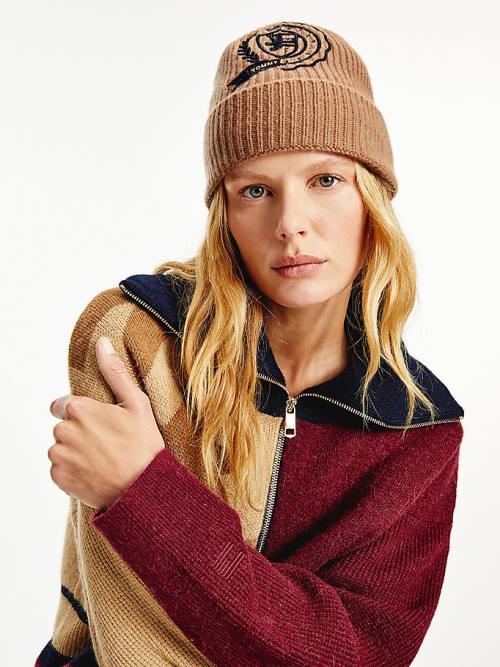 Tommy Hilfiger Cashmere Crest Shield Beanie Ženske Kapa Bež | TH925DBC