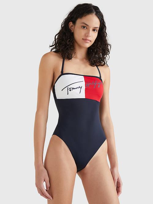 Tommy Hilfiger Colour-Blocked Bandeau One Piecesuit Ženske Kopalke Modra | TH852CVP