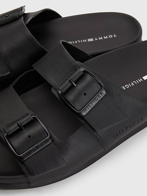 Tommy Hilfiger Elevated Double Buckle Leather Moški Sandali Črna | TH782ZGM