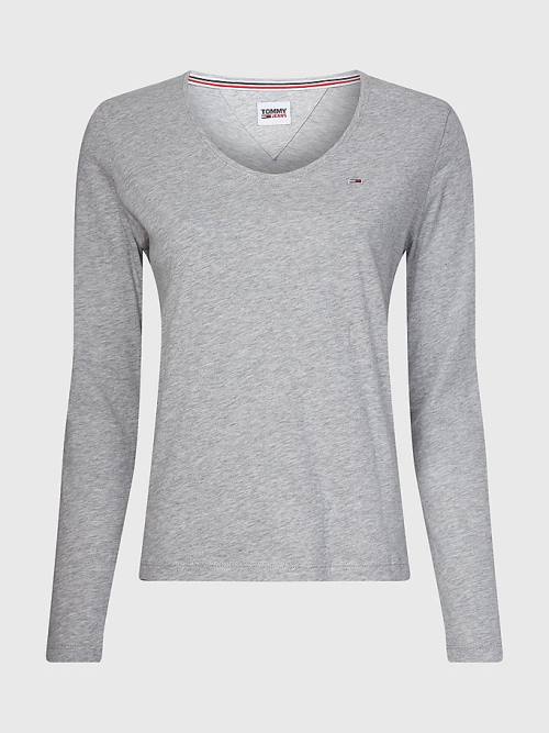 Tommy Hilfiger Essential V-Neck Long Sleeve Ženske Majice Siva | TH627JFZ