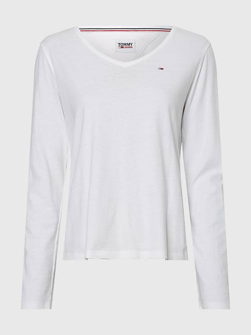 Tommy Hilfiger Essential V-Neck Long Sleeve Ženske Majice Bela | TH721VUO