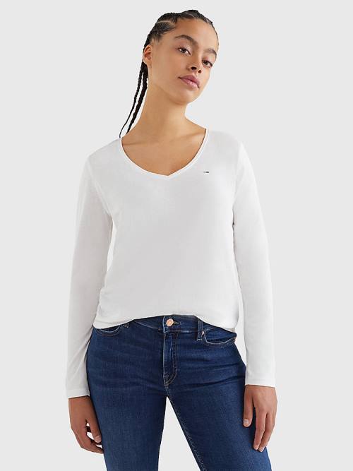 Tommy Hilfiger Essential V-Neck Long Sleeve Ženske Majice Bela | TH721VUO