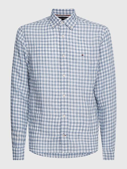 Tommy Hilfiger Gingham Regular Fit Linen Moški Srajce Modra | TH642BQM