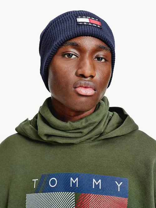 Tommy Hilfiger Knitted Organic Cotton Badge Beanie Moški Kapa Modra | TH867YKE