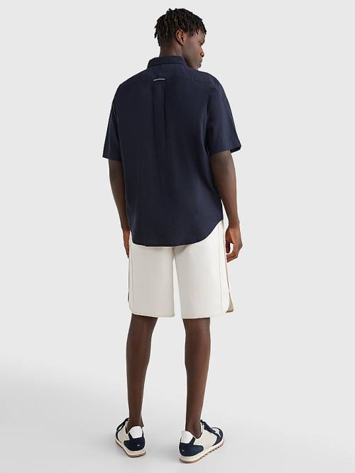 Tommy Hilfiger Linen Blend Short Sleeve Moški Srajce Modra | TH418IAF