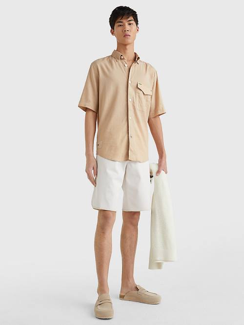 Tommy Hilfiger Linen Blend Short Sleeve Moški Srajce Bež | TH432FVN