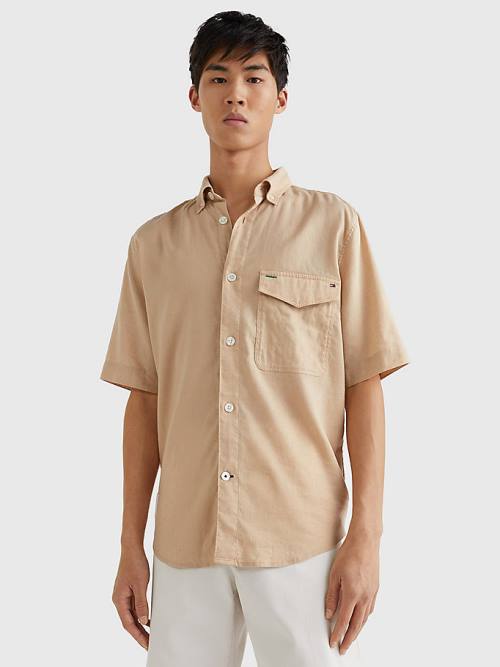 Tommy Hilfiger Linen Blend Short Sleeve Moški Srajce Bež | TH432FVN