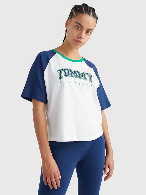 Tommy Hilfiger Logo Contrast Trim Colour-Blocked Ženske Majice Modra | TH865EJD