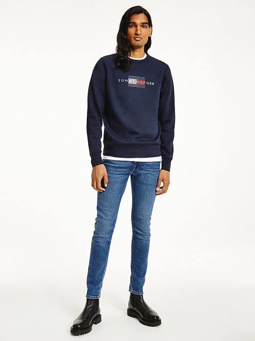 Tommy Hilfiger Logo Crew Neck Moški Pulover Modra | TH469ANH