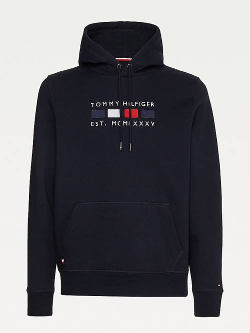 Tommy Hilfiger Logo Embroidery Fleece Moški Pulover s kapuco Modra | TH510RIU