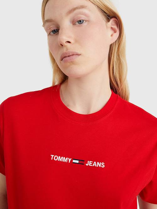 Tommy Hilfiger Logo Embroidery Organic Cotton Ženske Majice Rdeča | TH854SUN