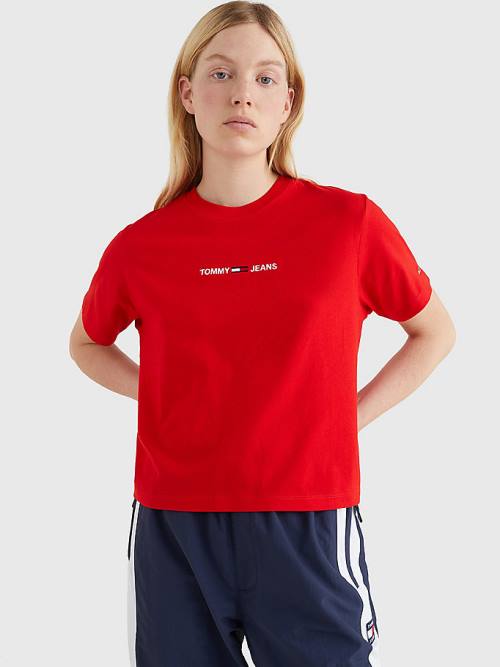 Tommy Hilfiger Logo Embroidery Organic Cotton Ženske Majice Rdeča | TH854SUN