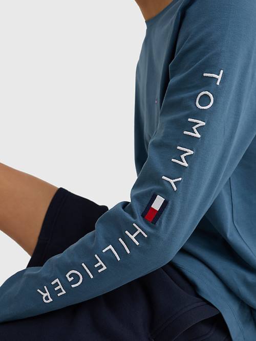 Tommy Hilfiger Logo Long Sleeve Moški Majice Modra | TH725DWP