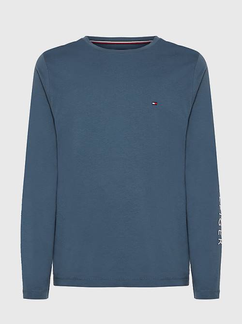 Tommy Hilfiger Logo Long Sleeve Moški Majice Modra | TH725DWP