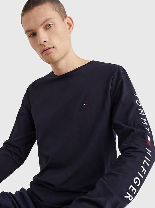 Tommy Hilfiger Logo Long Sleeve Moški Majice Modra | TH875SDI