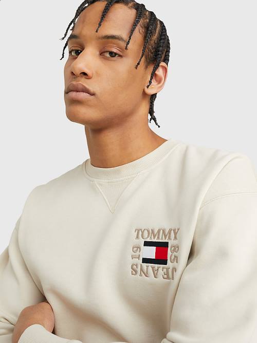 Tommy Hilfiger Logo Patch Fleece Moški Pulover Bež | TH458RVX