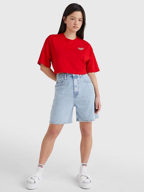 Tommy Hilfiger Logo Tape Oversized Cropped Ženske Majice Rdeča | TH701GEN