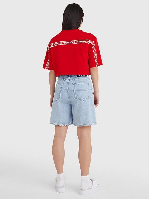 Tommy Hilfiger Logo Tape Oversized Cropped Ženske Majice Rdeča | TH701GEN