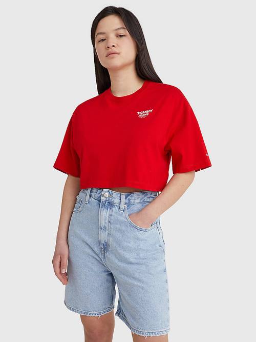 Tommy Hilfiger Logo Tape Oversized Cropped Ženske Majice Rdeča | TH701GEN