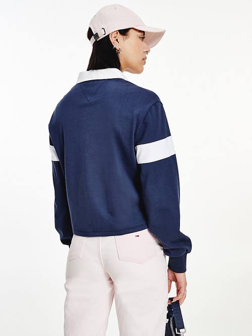 Tommy Hilfiger Long Sleeve Cropped Stripe Rugby Shirt Ženske Polo Majica Modra | TH560FMP