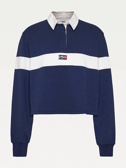 Tommy Hilfiger Long Sleeve Cropped Stripe Rugby Shirt Ženske Polo Majica Modra | TH560FMP