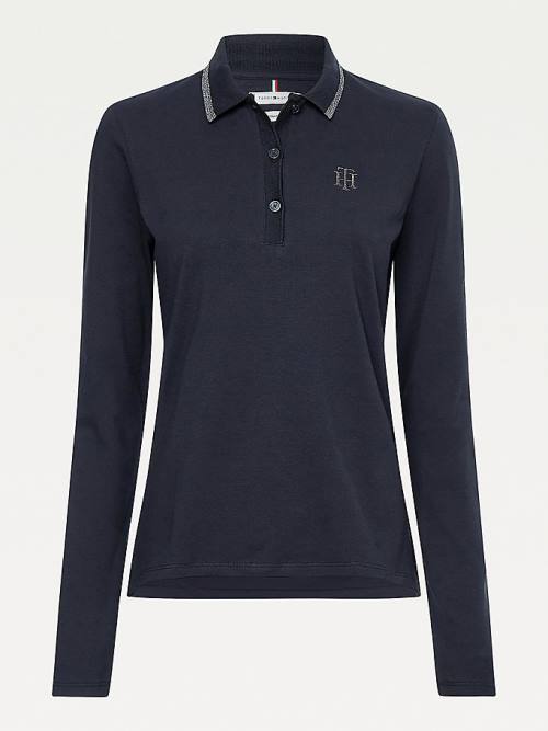 Tommy Hilfiger Long Sleeve Metallic Trim Ženske Polo Majica Črna | TH457AER