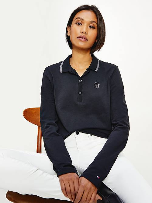 Tommy Hilfiger Long Sleeve Metallic Trim Ženske Polo Majica Črna | TH457AER