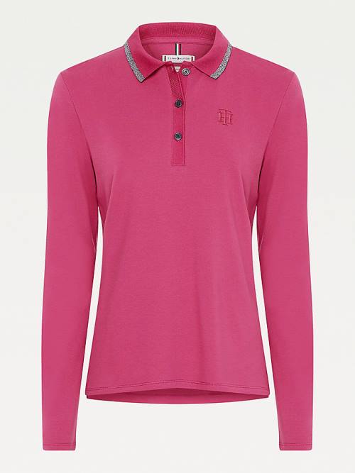 Tommy Hilfiger Long Sleeve Metallic Trim Ženske Polo Majica Rdeča | TH560MOT