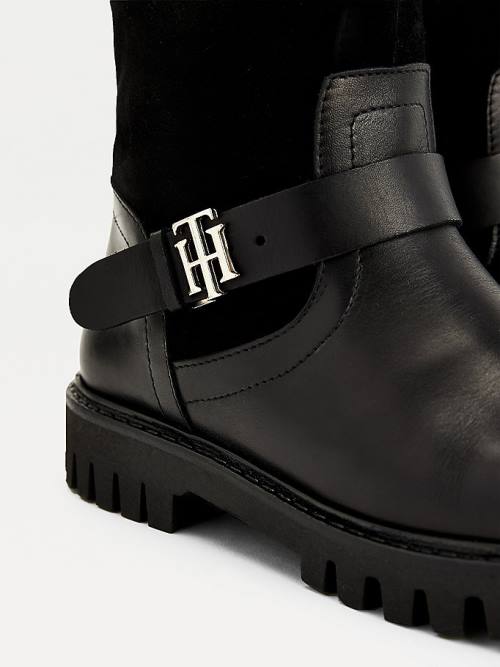 Tommy Hilfiger Monogram Buckle Leather Cleat Ženske Škornji Črna | TH726SVL