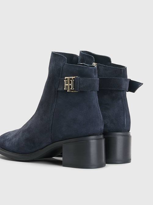 Tommy Hilfiger Monogram Buckle Mid Heel Ankle Ženske Škornji Modra | TH179INT