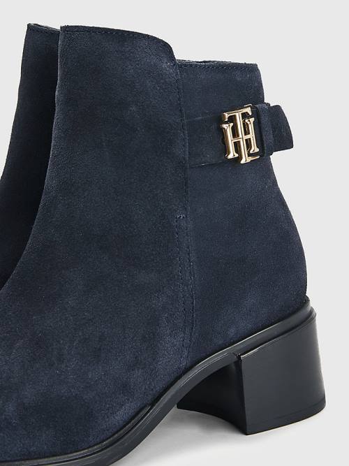 Tommy Hilfiger Monogram Buckle Mid Heel Ankle Ženske Škornji Modra | TH179INT