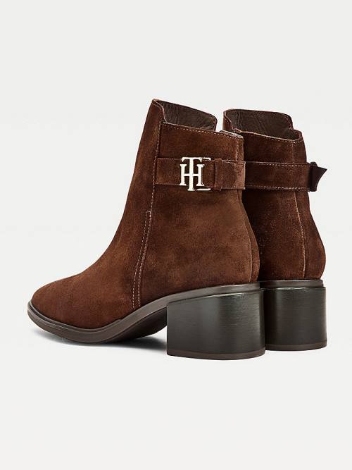 Tommy Hilfiger Monogram Buckle Mid Heel Ankle Ženske Škornji Rjav | TH714XTG