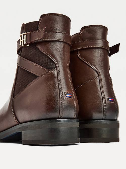 Tommy Hilfiger Monogram Crossover Strap Leather Ankle Ženske Škornji Rjav | TH261AFL