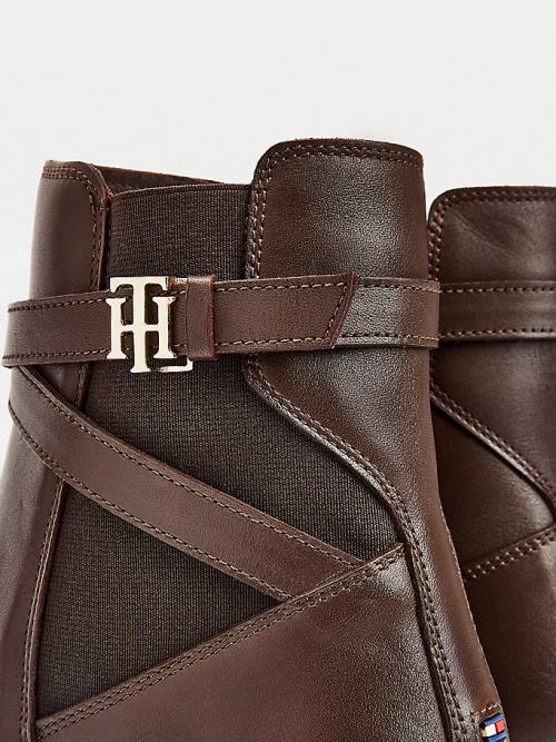 Tommy Hilfiger Monogram Crossover Strap Leather Ankle Ženske Škornji Rjav | TH261AFL