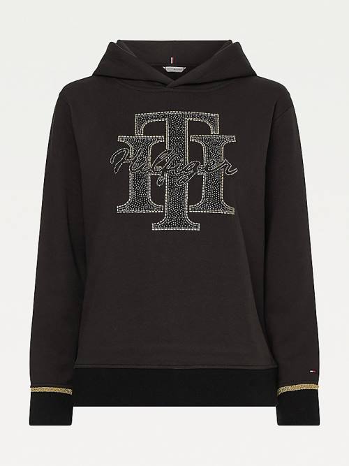 Tommy Hilfiger Organic Cotton Crystal Monogram Ženske Pulover s kapuco Črna | TH607KRJ