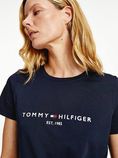 Tommy Hilfiger Organic Cotton Logo Ženske Majice Modra | TH904ILS