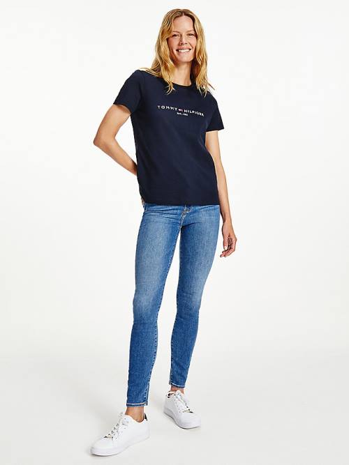 Tommy Hilfiger Organic Cotton Logo Ženske Majice Modra | TH904ILS