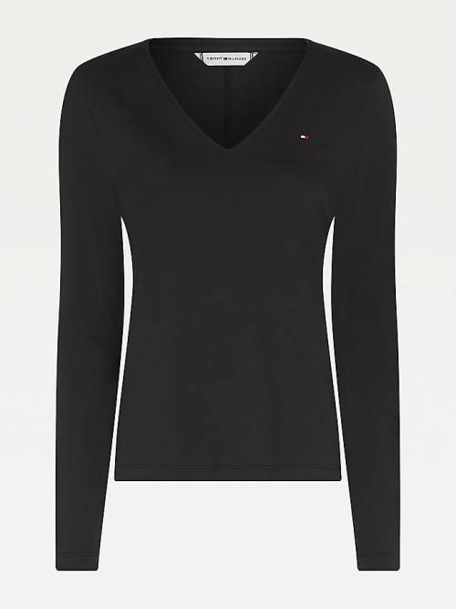 Tommy Hilfiger Organic Cotton Long Sleeve V-Neck Ženske Majice Črna | TH584FYG