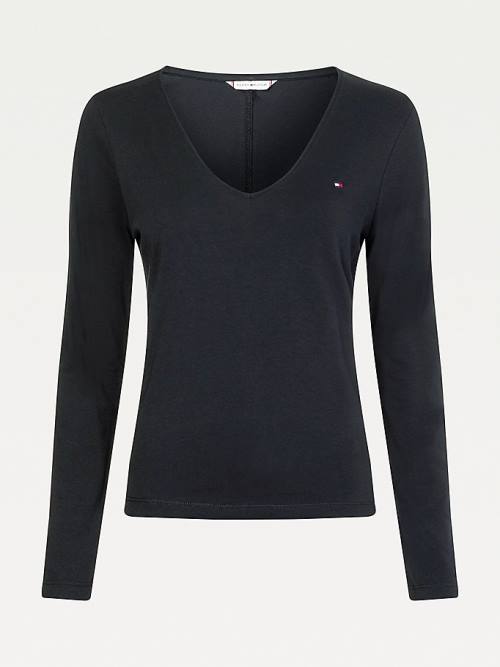 Tommy Hilfiger Organic Cotton Long Sleeve V-Neck Ženske Majice Črna | TH584FYG