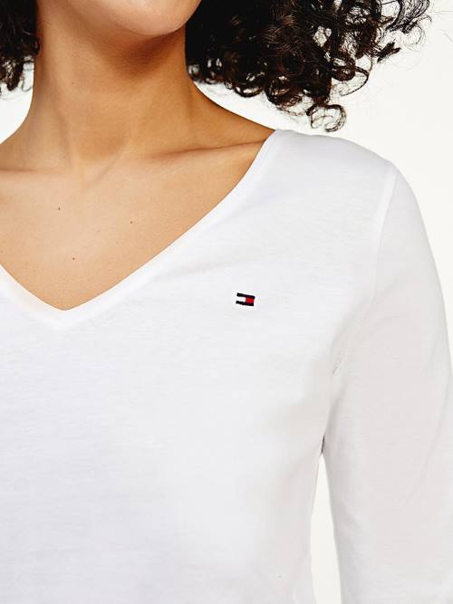 Tommy Hilfiger Organic Cotton Long Sleeve V-Neck Ženske Majice Bela | TH590KWU