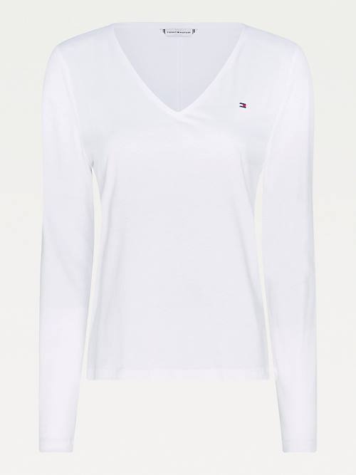 Tommy Hilfiger Organic Cotton Long Sleeve V-Neck Ženske Majice Bela | TH590KWU