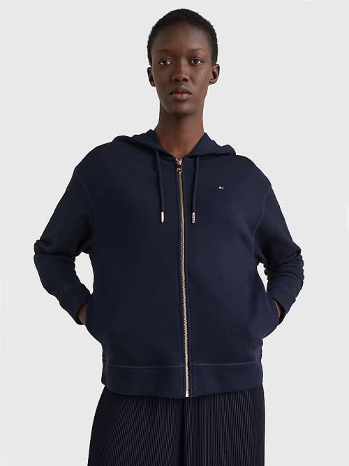 Tommy Hilfiger Organic Cotton Relaxed Fit Zip-Thru Ženske Pulover s kapuco Modra | TH093SWU