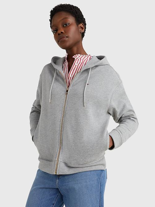 Tommy Hilfiger Organic Cotton Relaxed Fit Zip-Thru Ženske Pulover s kapuco Siva | TH389MSL