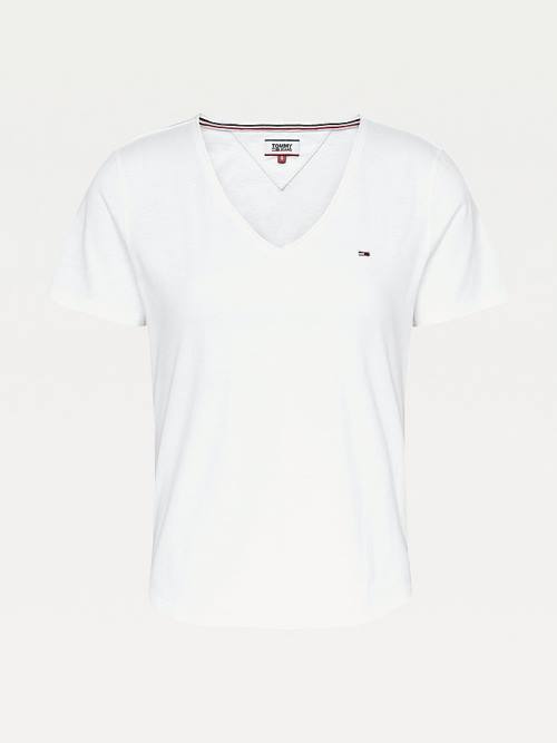 Tommy Hilfiger Organic Cotton V-Neck Slim Fit Ženske Majice Bela | TH109UWX