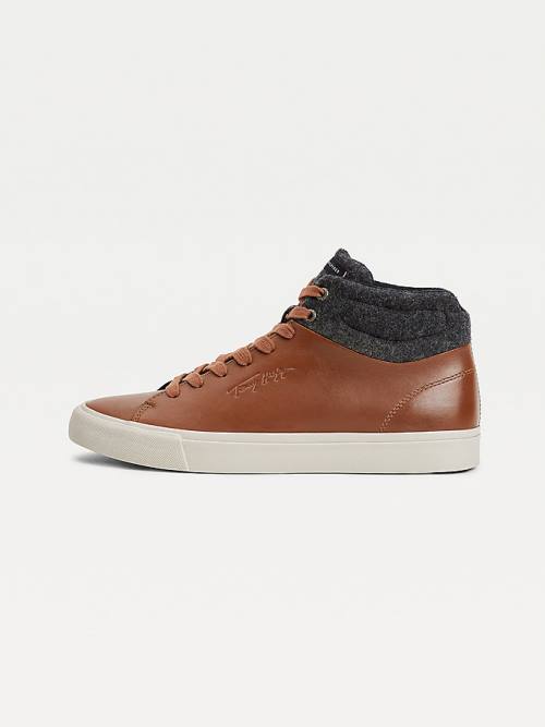 Tommy Hilfiger Premium Leather Signature High-Top Moški Superge Rjav | TH820EML