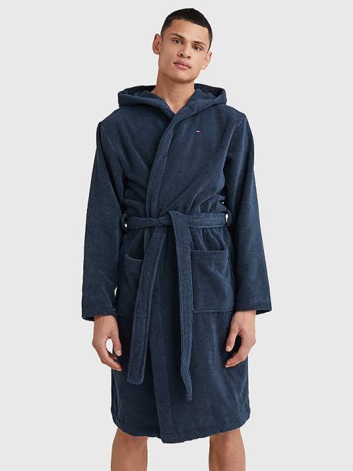 Tommy Hilfiger Pure Cotton Hooded Bathrobe Moški Pižama Modra | TH091NBT