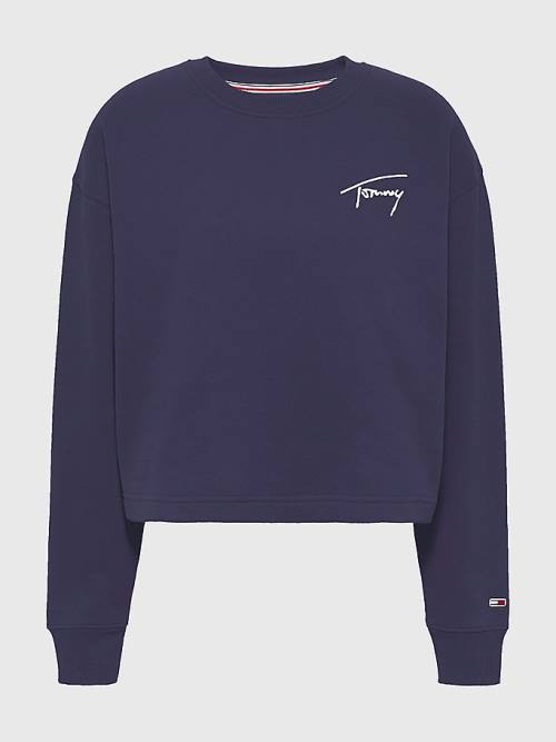 Tommy Hilfiger Recycled Signature Logo Cropped Ženske Pulover Modra | TH387HTK