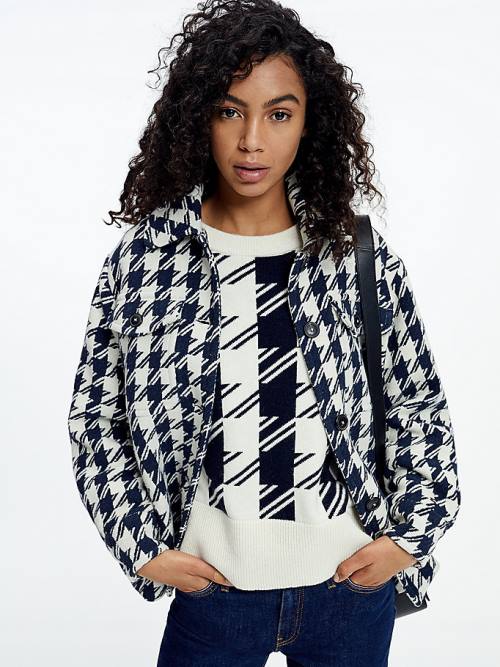 Tommy Hilfiger Recycled Wool Blend Houndstooth Shacket Ženske Plašč Modra | TH635TDA