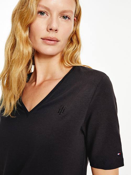 Tommy Hilfiger Relaxed Fit V-Neck Monogram Ženske Majice Črna | TH734KQB